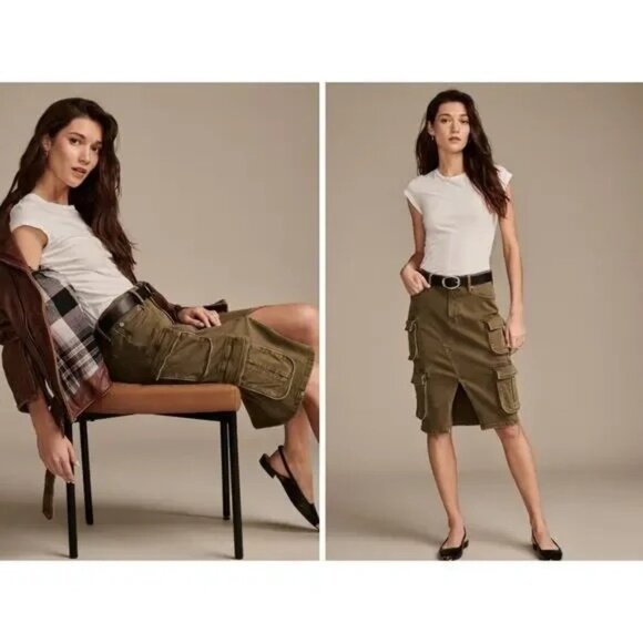 Lucky Brand Olive Green Cargo Pencil Skirt 00/24 Utility Pockets New Front Slit - Picture 8 of 8